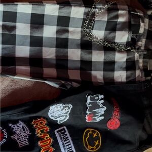 DIY Hand sewn patches Black and White Plaid Pants with Chain